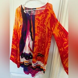 Bold Orange and Red Long Sleeve Graphic Blouse